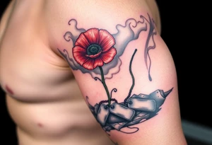 War zone with 2 poppy’s growing out of the smoke with dog tags laying on the ground tattoo idea