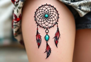A black and red dreamcatcher with detailed feathers and a turquoise bead at the center. tattoo idea