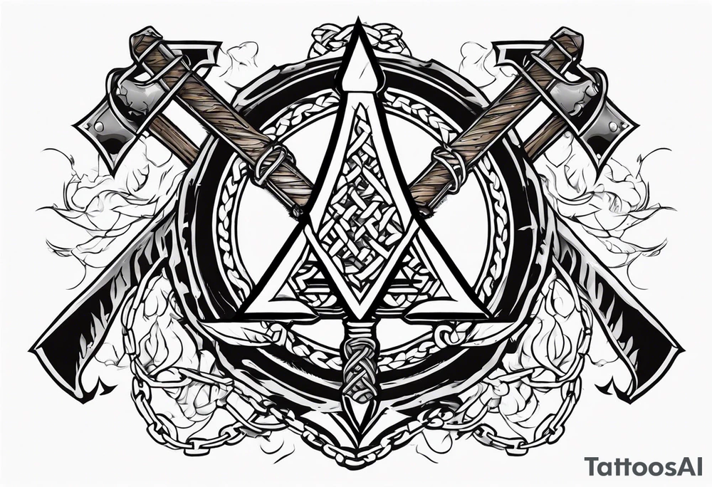Valhalla sword shield axe barbed wire chains valknut fire tattoo idea Valhalla sword shield axe barbed wire chains valknut fire tattoo idea