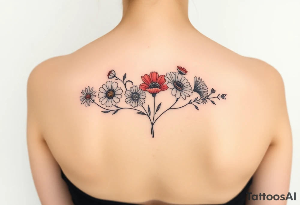 Small flower bouquet with order of flowers, daisy, cosmo, poppy, chrysanthemum, cosmo tattoo idea