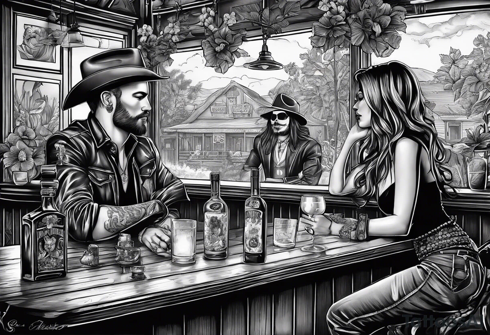 a bar scene with a skeleton couple with hibiscus flowers. western style tattoo idea