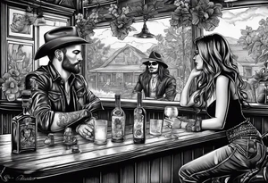 a bar scene with a skeleton couple with hibiscus flowers. western style tattoo idea