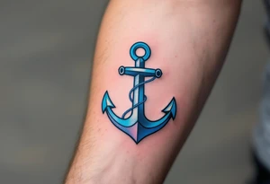 A vibrant blue anchor tattoo symbolizing a father's steady support for his child. tattoo idea