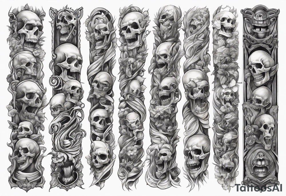 arm sleeve indicating pain, consisting of human arm bones and screaming faces tattoo idea