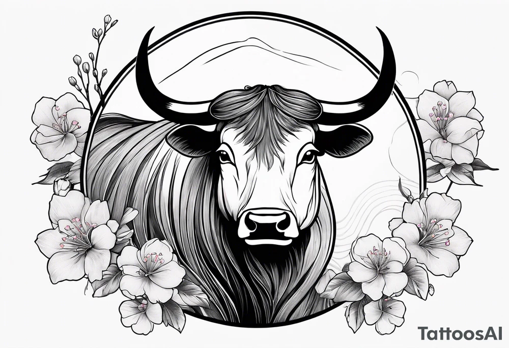 ox with sakura flowers and geisha in the background tattoo idea