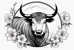 ox with sakura flowers and geisha in the background tattoo idea