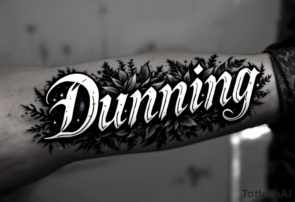 Dunning, Details include on left arm, name in white color,angel wing, wet jungle leaves,cool font, galaxy background filling, tattoo idea