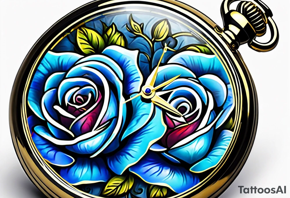 Pocket watch with blue roses tattoo idea