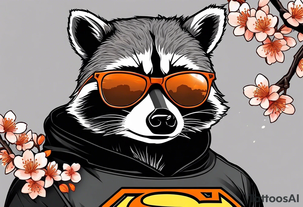 Raccoon wearing a white Superman logo on a black hoodie and orange Japanese cherry blossoms beside tattoo idea