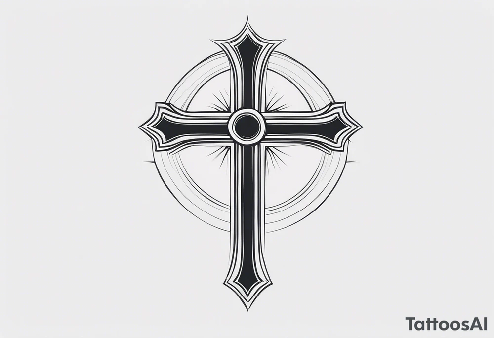 A minimalist tattoo featuring a cross rising from a dark background. The cross should be adorned with a small crown, symbolizing Christ's victory. tattoo idea