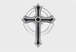 A minimalist tattoo featuring a cross rising from a dark background. The cross should be adorned with a small crown, symbolizing Christ's victory. tattoo idea