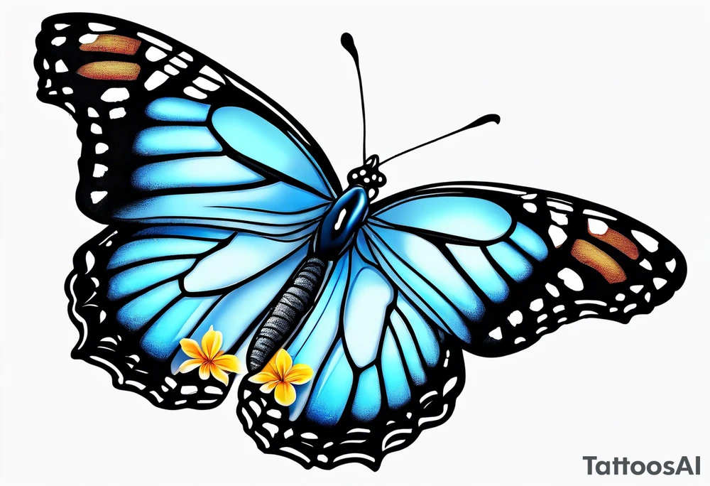 blue monarch butterfly on a line of flowers tattoo idea