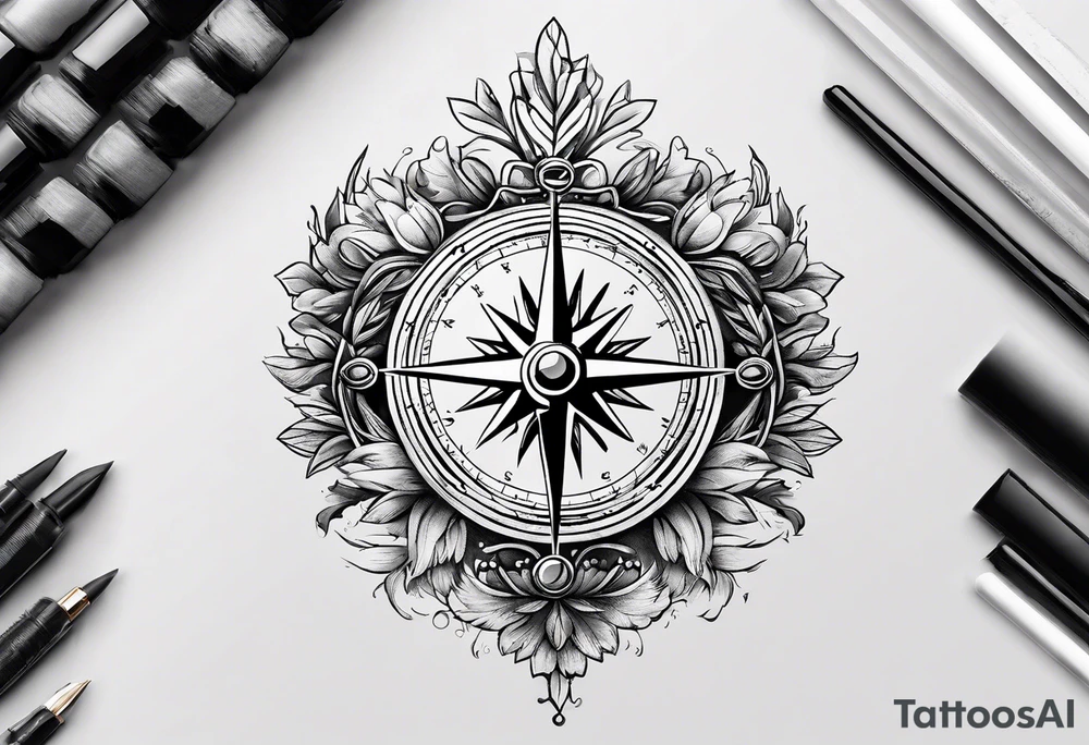 A cool compass with a narrow olive branch crown around it tattoo idea