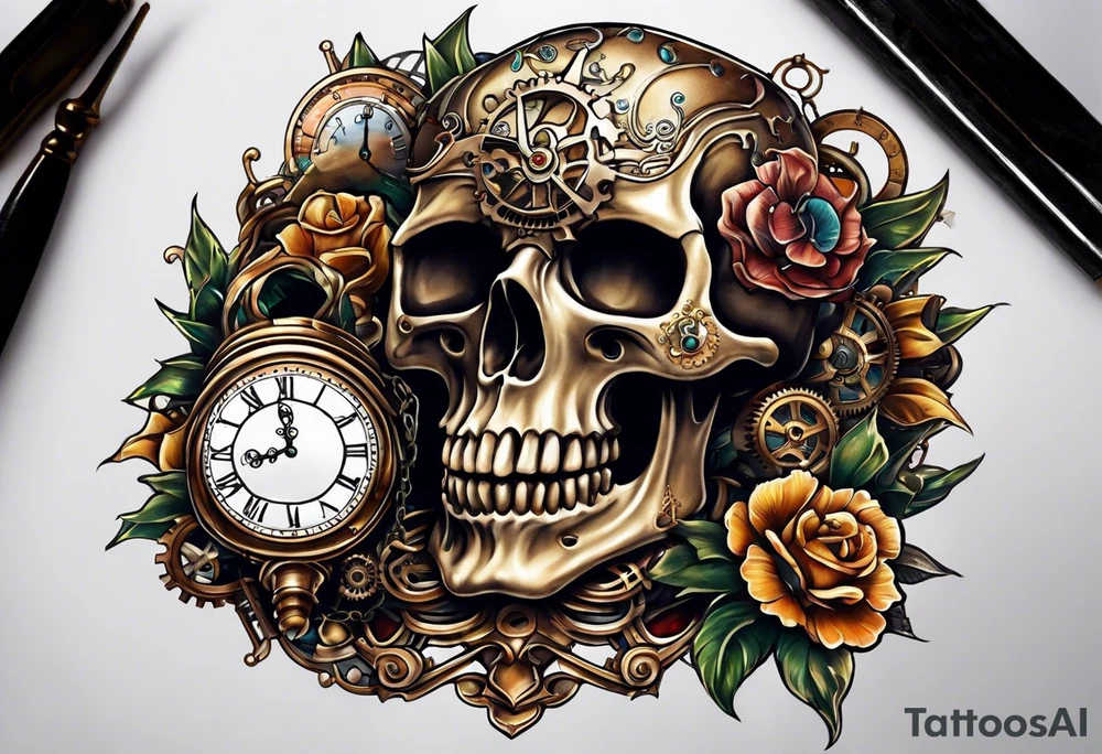 Steampunk skull, with clock and hour glass tattoo idea