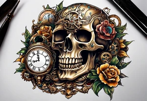 Steampunk skull, with clock and hour glass tattoo idea