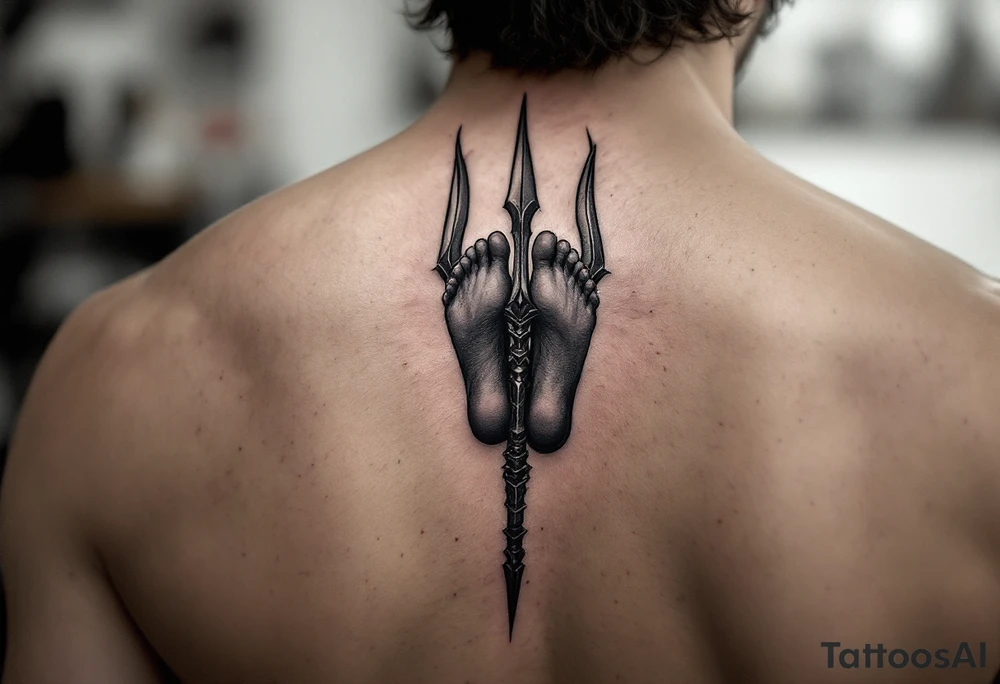 barefeet behind trident tattoo idea