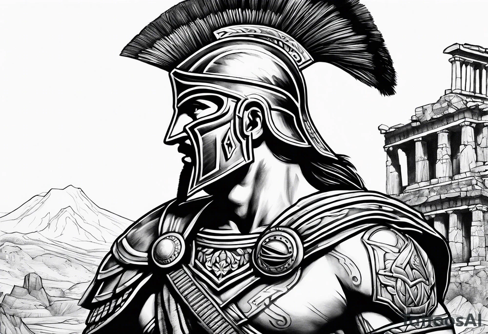 left Side profile of spartan soilder with ancient ruins in background tattoo idea