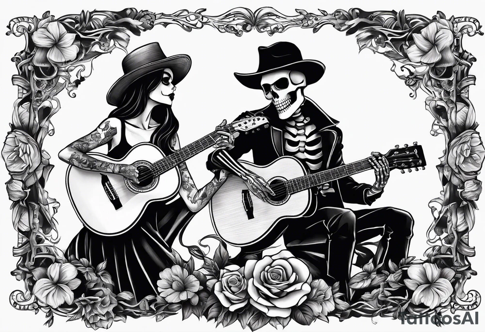 a male skeleton playing guitar while a female skeleton listens tattoo idea