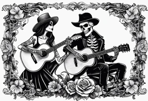 a male skeleton playing guitar while a female skeleton listens tattoo idea