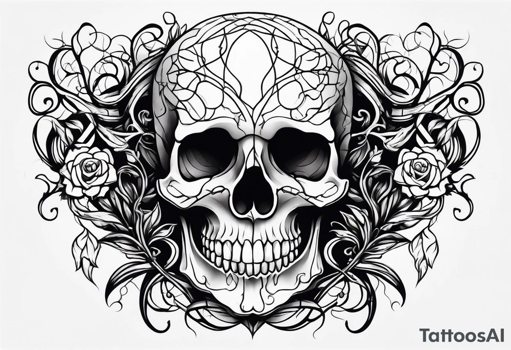 skull with vines and roots running thru tattoo idea