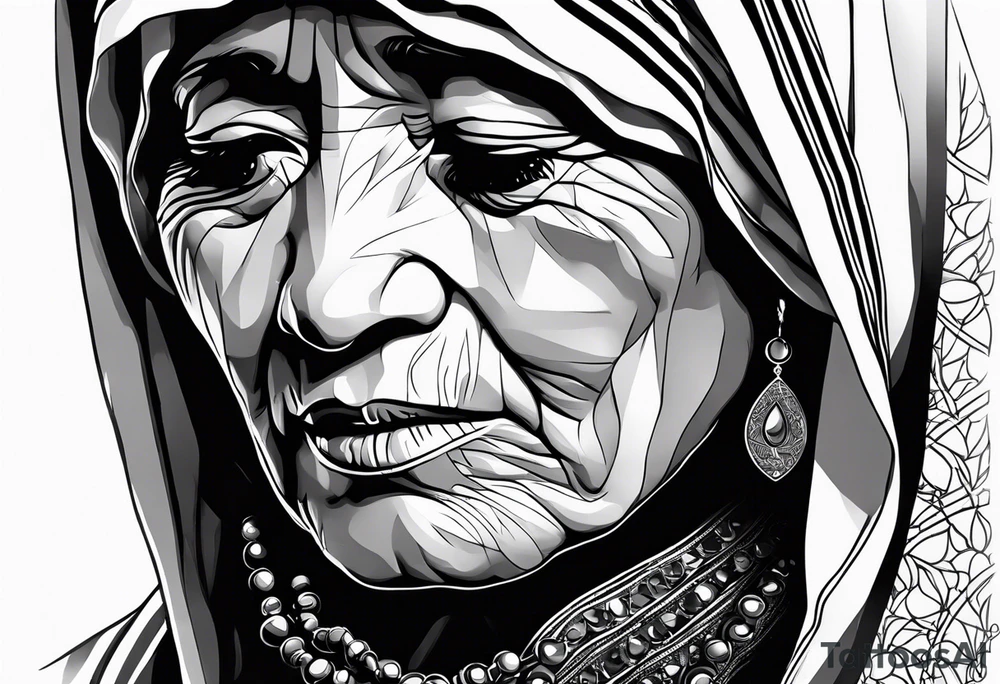 Mother Theresa looking down with black tears and rosary tattoo idea