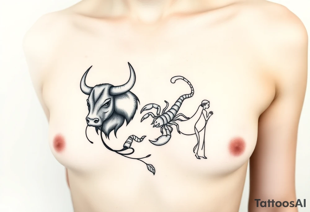 Minimalist fine-line tattoo design of a powerful bull, a stylized scorpion, and a maiden figure, integrated into a delicate composition. The design is specifically for the left ribcage, positioned just beneath the curve of the breast on the woman's left side, following the line of the ribs. The fine lines should subtly curve to fit the natural contours, flowing gracefully below the bra line towards the heart. Black ink only, clean, intricate details, white background (representing skin), no shading, high resolution, professional tattoo composition for this specific anatomical are tattoo idea
