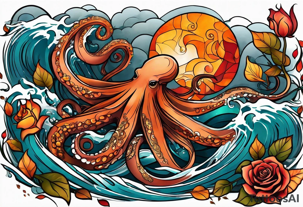 masculine abstract left thigh tattoo with a large long flowing octopus in water swirls wrapping around rocks, a rose, in fall colors with some small leaves and fall elements tattoo idea