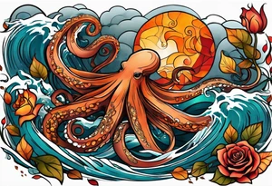 masculine abstract left thigh tattoo with a large long flowing octopus in water swirls wrapping around rocks, a rose, in fall colors with some small leaves and fall elements tattoo idea