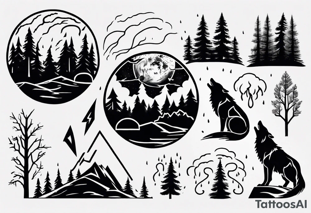 a thunderstorm over a forest and a wolf howling tattoo idea a thunderstorm over a forest and a wolf howling tattoo idea