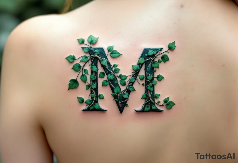 An "M" made of intertwining ivy vines in rich forest green, symbolizing growth. tattoo idea