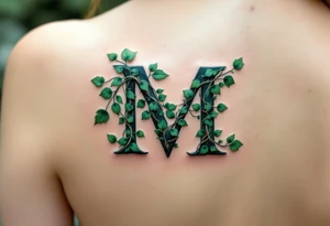 An "M" made of intertwining ivy vines in rich forest green, symbolizing growth. tattoo idea