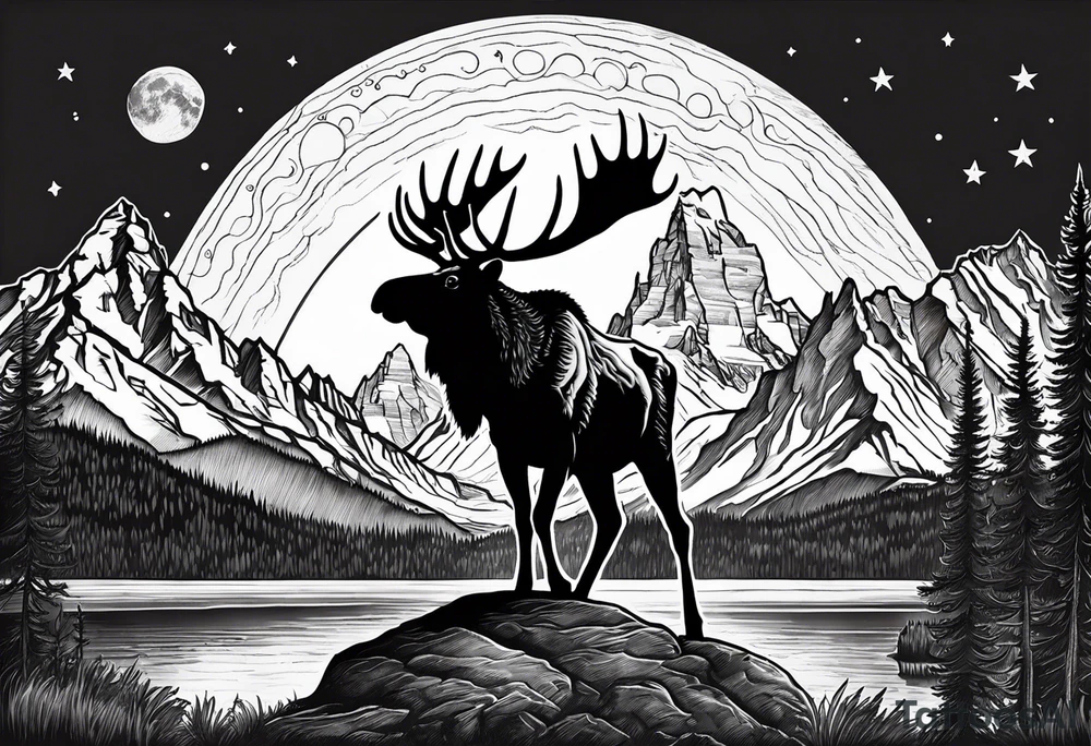 Half sleeve of Teton mountain range with moon and stars in the sky, two moose in front of Teton lake tattoo idea