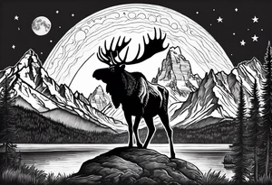 Half sleeve of Teton mountain range with moon and stars in the sky, two moose in front of Teton lake tattoo idea