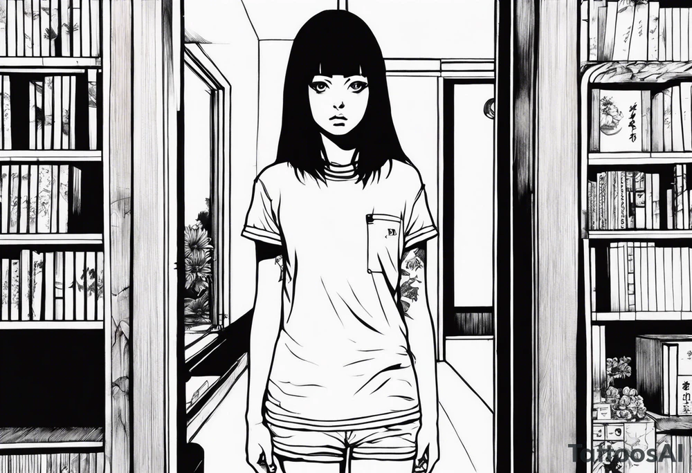 portrait of tomie standing up a character by the horror manga author junji ito full body standing murderously. add more horror and gore elements tattoo idea