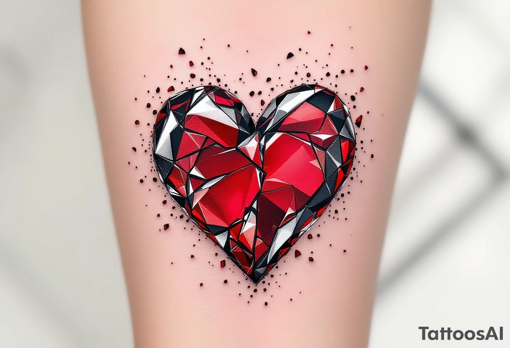 A shattered glass heart in deep red and silver, with tiny shards floating around, representing fragility and loss. tattoo idea