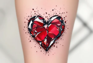 A shattered glass heart in deep red and silver, with tiny shards floating around, representing fragility and loss. tattoo idea