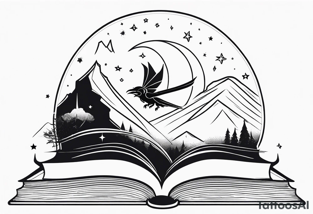 an open fantasy book. a flying dragon. A pawn. a sword with a bee. A raven. Stars and crescent moon with mountains tattoo idea