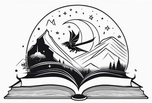 an open fantasy book. a flying dragon. A pawn. a sword with a bee. A raven. Stars and crescent moon with mountains tattoo idea