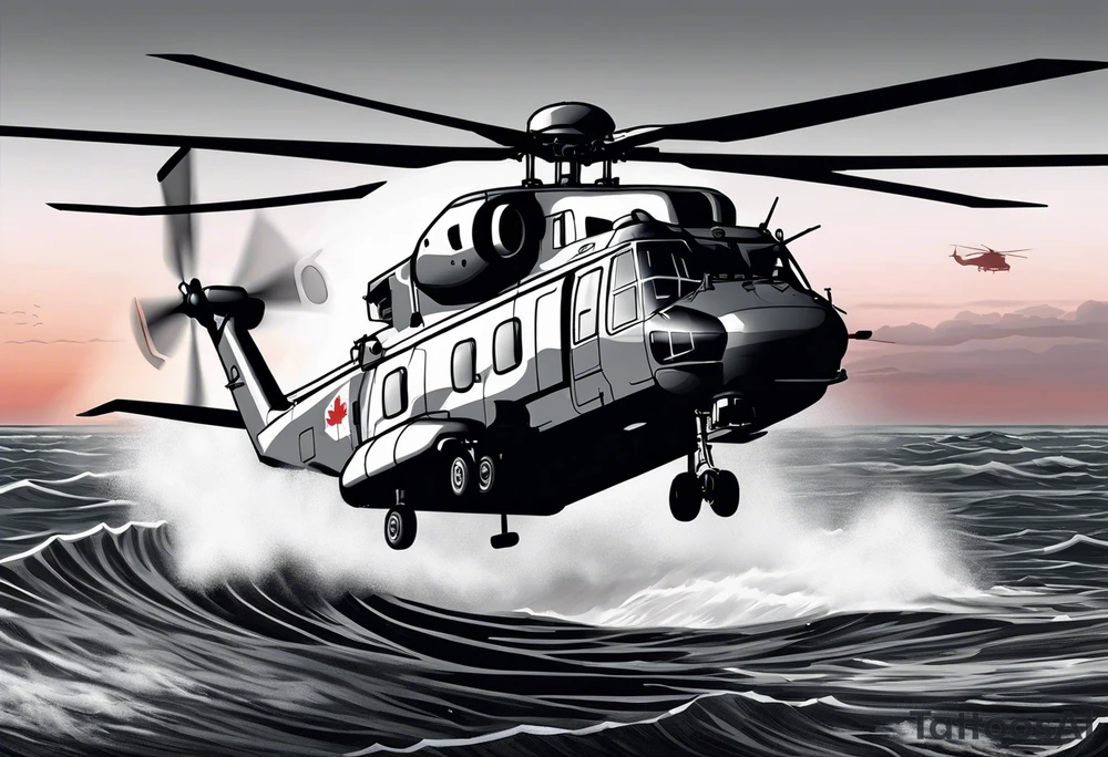 canadian military grey helicopter cyclone CH-148, a helicopter flying over rough water, Clear sky, sunset
, military art, ocean specular, highly detailed background, detailed 4 k drawing tattoo idea
