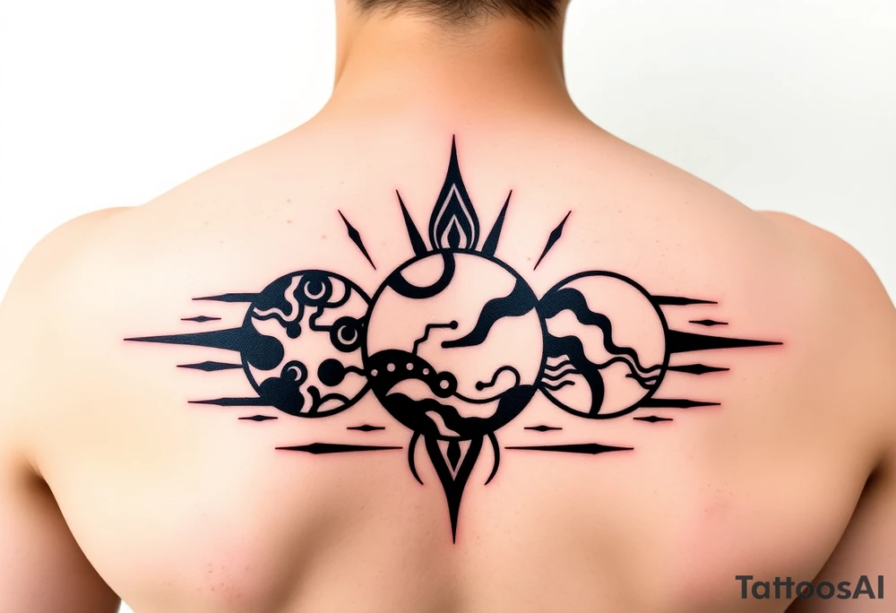 three horizontal planets. Color Black and red with more black tattoo idea
