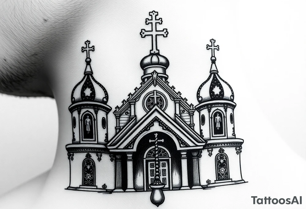 russian orthodox church with the crosses above being christian orthodox but in a AK47 style with a beaded orthodox thurible chain tattoo idea
