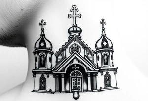 russian orthodox church with the crosses above being christian orthodox but in a AK47 style with a beaded orthodox thurible chain tattoo idea