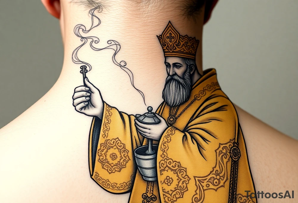 A Russian Orthodox Priest in full gold vestments swinging a censer with smoke curling upward 

The ornate robes give incredible fine line detail
The incense smoke could flow and connect to other elements
It ties directly into the church and Virgin Mary you already have
Very culturally authentic to the overall theme tattoo idea