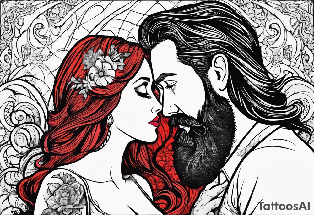 Busty red haired woman with a bearded man who has black hair getting married tattoo idea