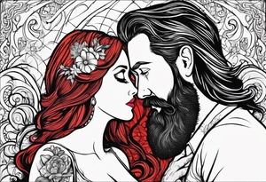 Busty red haired woman with a bearded man who has black hair getting married tattoo idea
