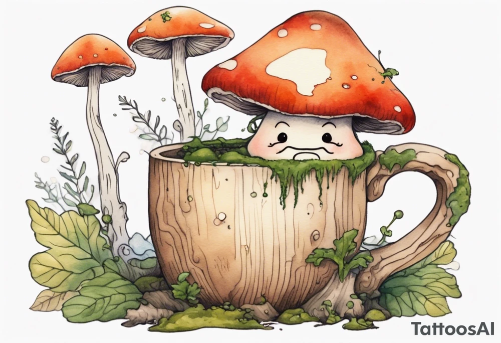 a mushroom with a face and a moss beard and arms and legs drinking from a wood mug, laughing tattoo idea