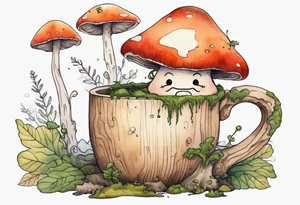 a mushroom with a face and a moss beard and arms and legs drinking from a wood mug, laughing tattoo idea