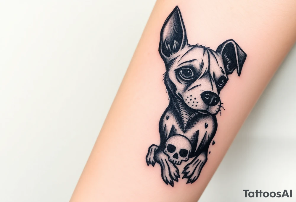 Half dead half alive zombie Brindle dog with the name kiwi . And some tiny skulls tattoo idea