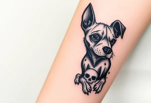 Half dead half alive zombie Brindle dog with the name kiwi . And some tiny skulls tattoo idea