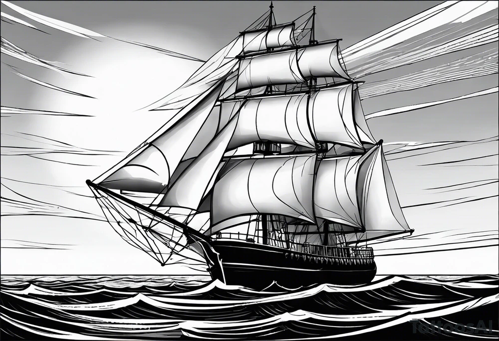 maritime lighthouse partially hidden by its large fixed sail. calm sea reflection. tattoo idea